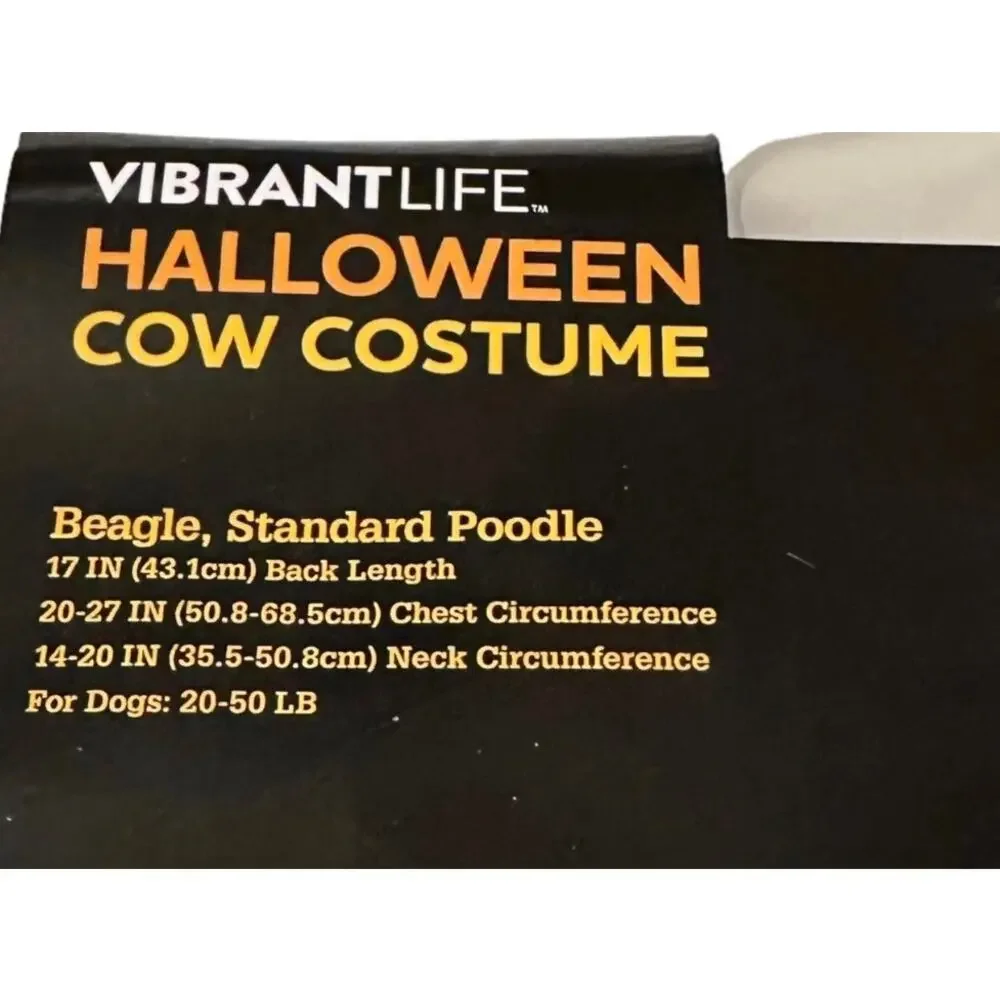 Vibrant Life Cow Dog Pet Costume Size Medium 1 piece/2 loop & hook fasteners.